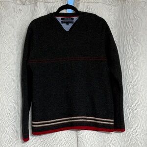 VINTAGE TOMMY HILFIGER MENS GRAY RED WHITE WINTER SKI WOOL BLEND SWEATER-Large